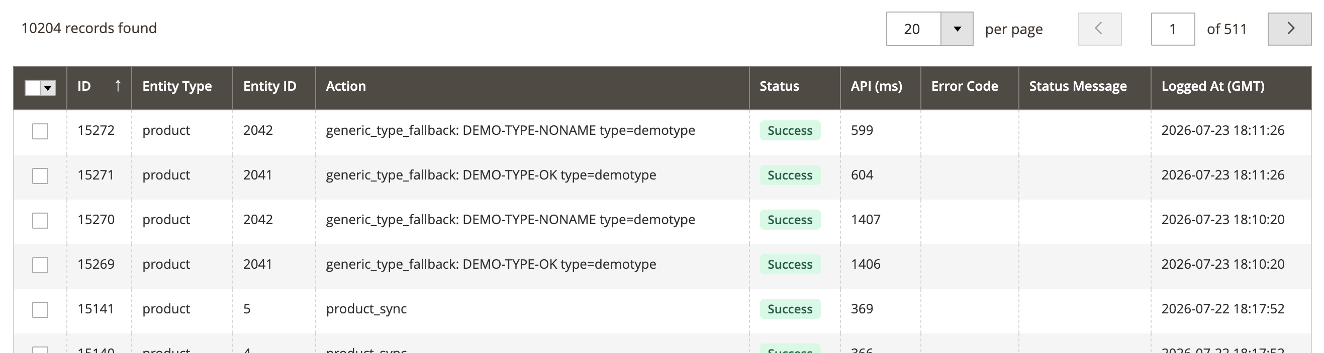 Jeder Push ist dokumentiert: das API Log nennt SKU und Typ, sobald ein Produkt mit eigenem Typ synchronisiert wird