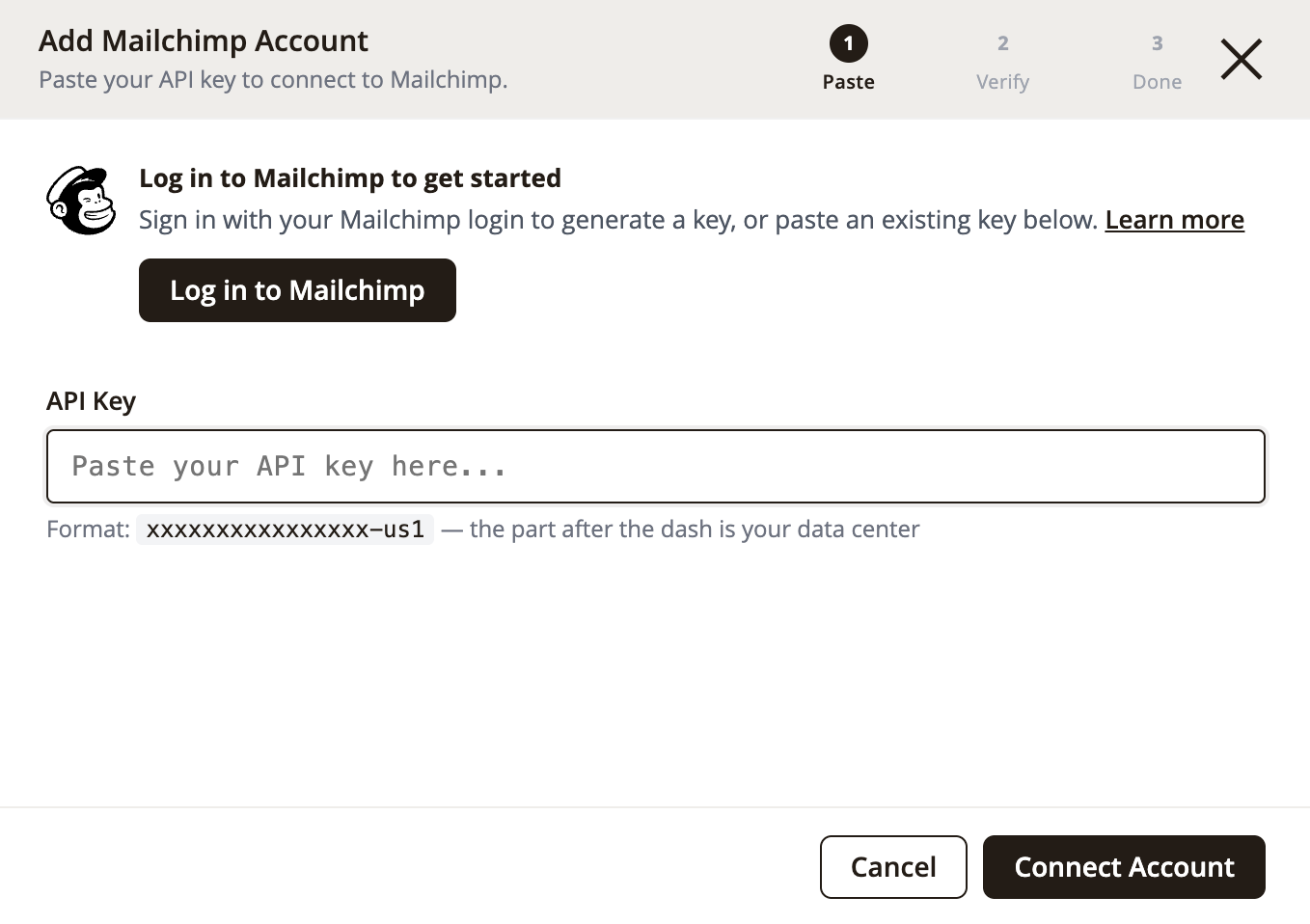 The Setup Wizard's first step: Log in to Mailchimp or Create account