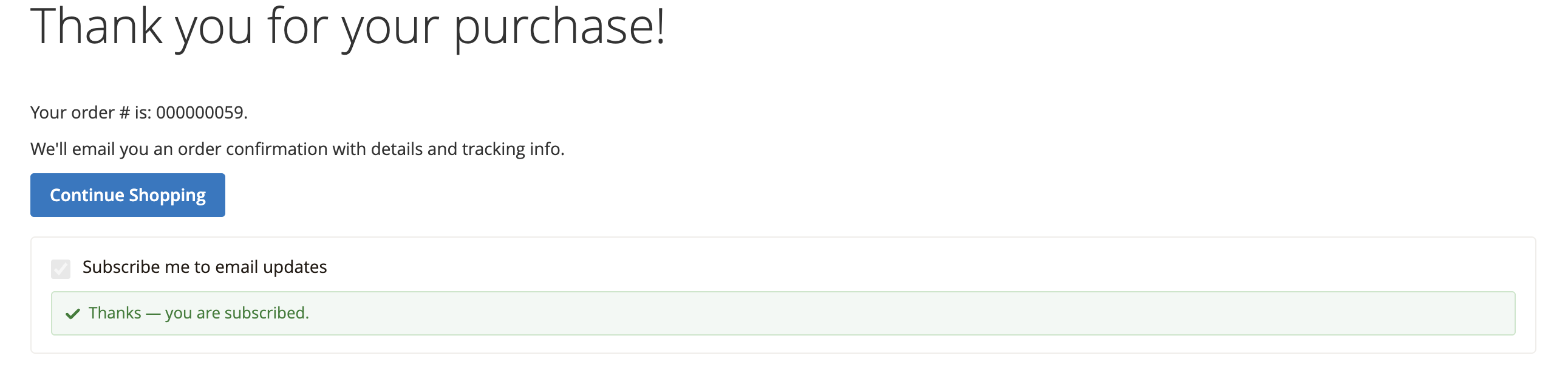 Die Checkbox „Subscribe me to email updates“ auf der Bestellbestätigungsseite
